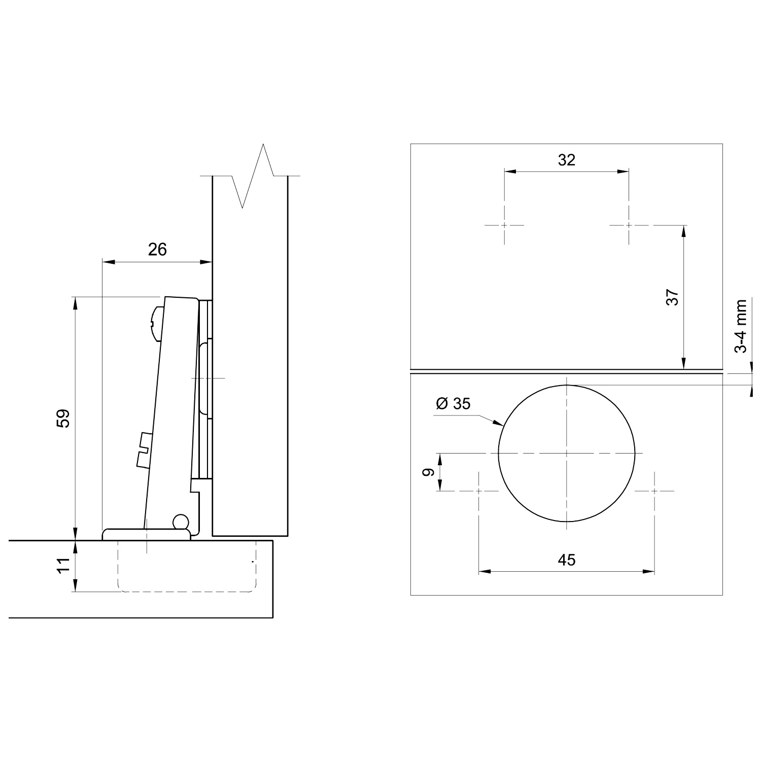 Установка мебельной петли 35 мм чертеж