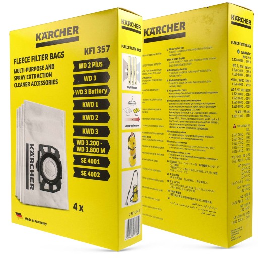 Bags Karcher KFI 357 WD2 WD3 Fleece Filter Bags Pack 4 2.863-314.0